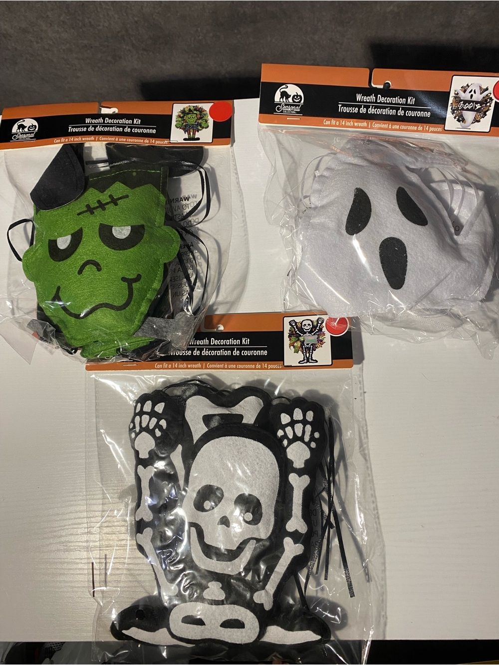 Lot of 3 Halloween Wreath Decoration Kits Felt Frankenstein Ghost Skeleton